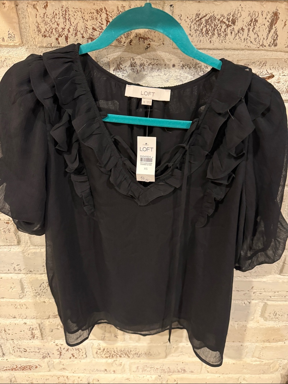 LOFT Black Ruffle V-Neck Sheer Blouse